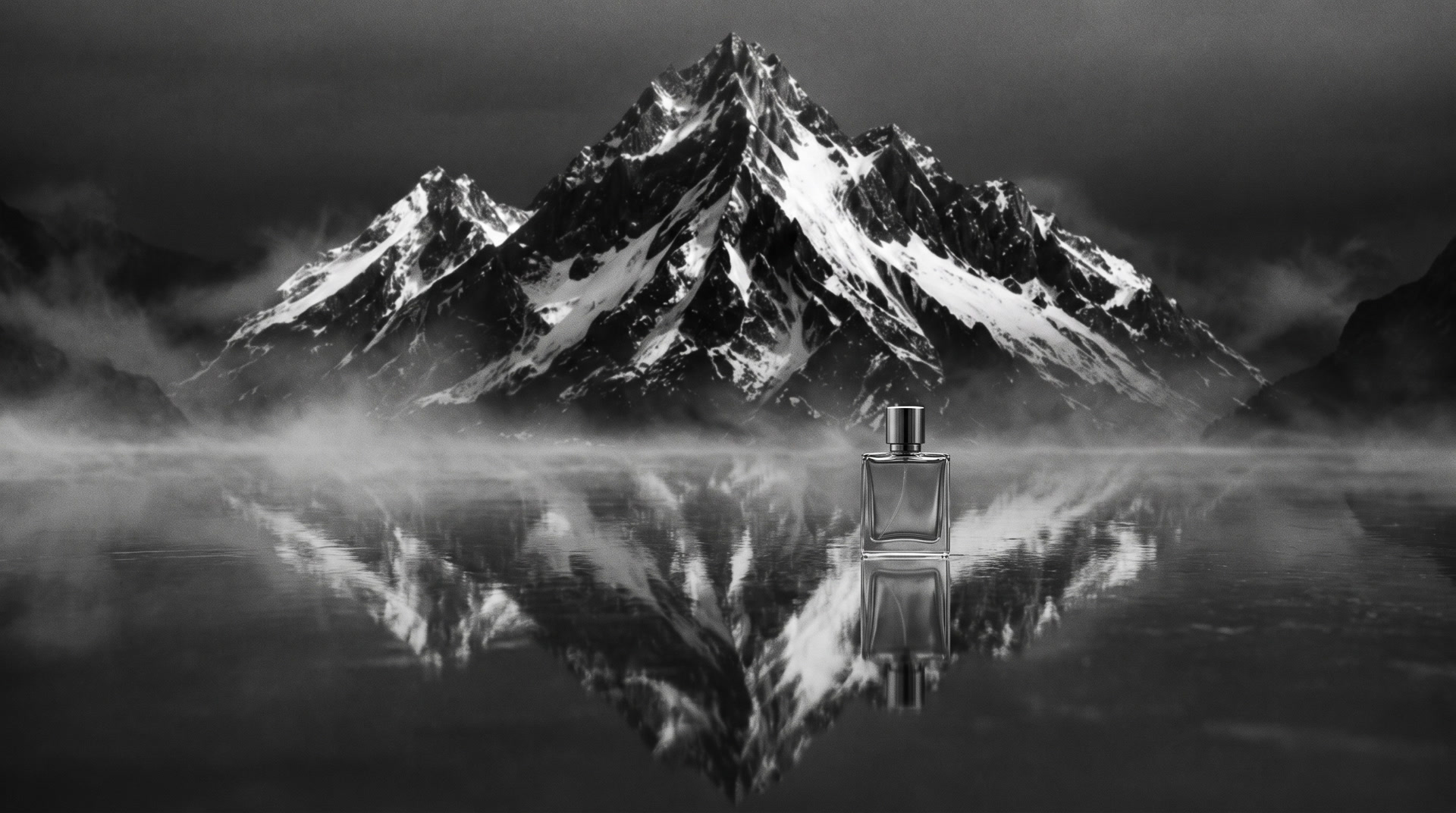 Glasflakon auf der spiegelglatten Fläche eines zugefrorenen Bergsees, Berg im Hintergrund
